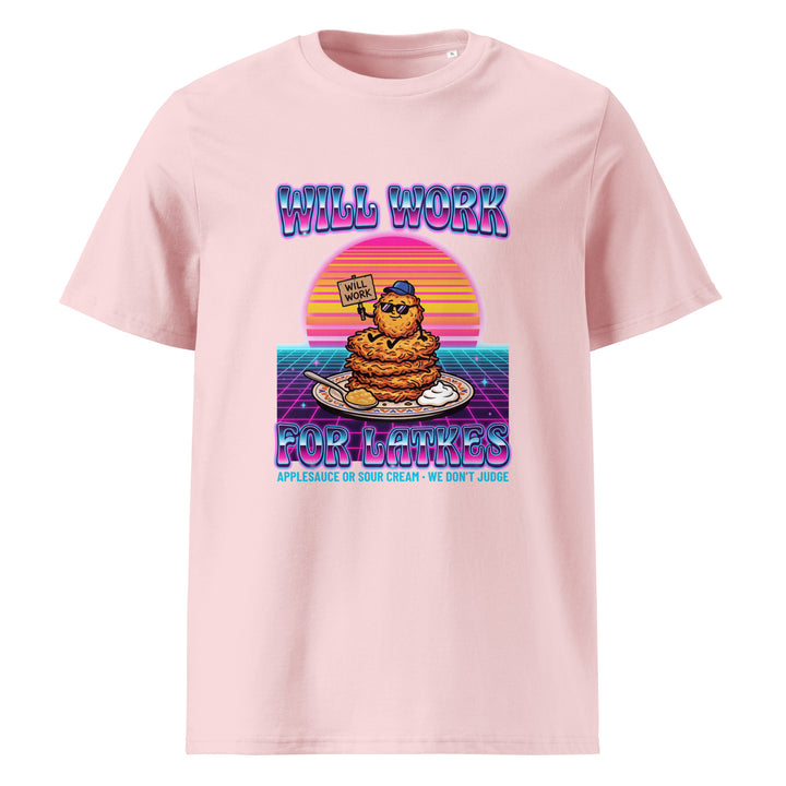 Will Work for Latkes 80s Jewish pride t-shirt in Cotton Pink - close-up