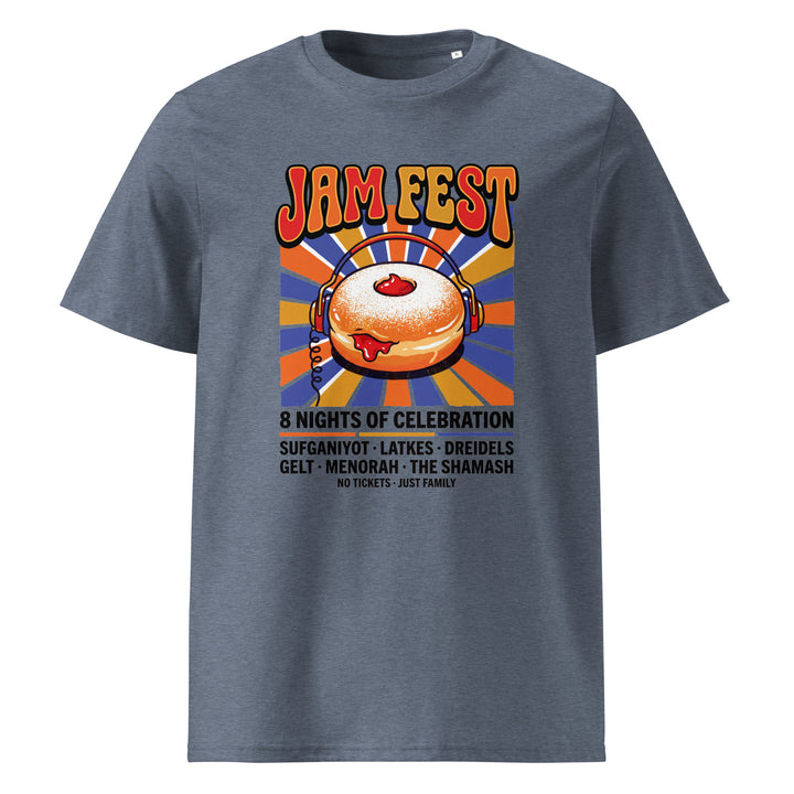 Jam Fest 8 Nights Jewish pride t-shirt in Dark Heather Blue - close-up