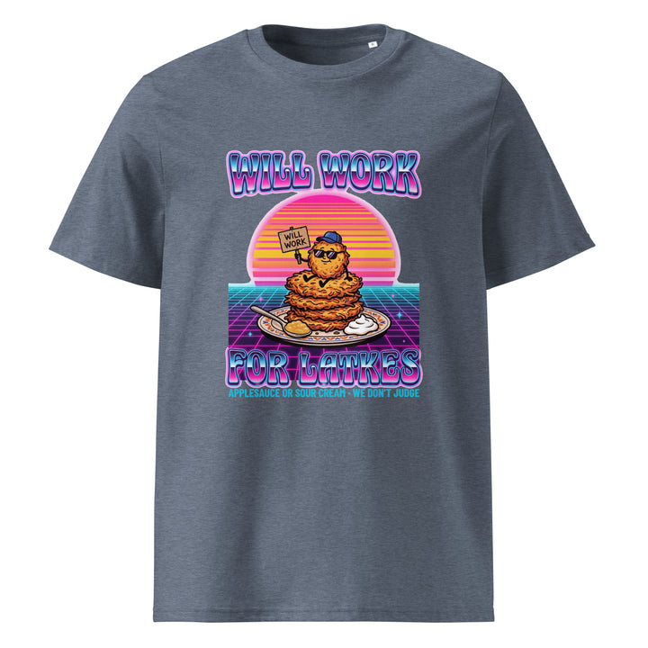 Will Work for Latkes 80s Jewish pride t-shirt in Dark Heather Blue - folded view
