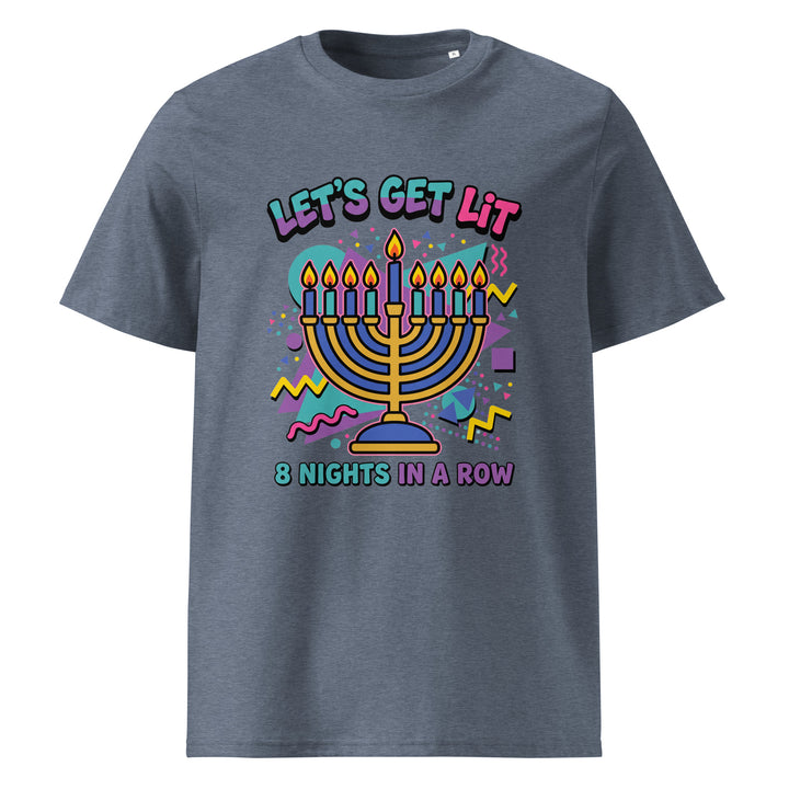 Lets Get Lit 90s Jewish pride t-shirt in Dark Heather Blue - lifestyle shot