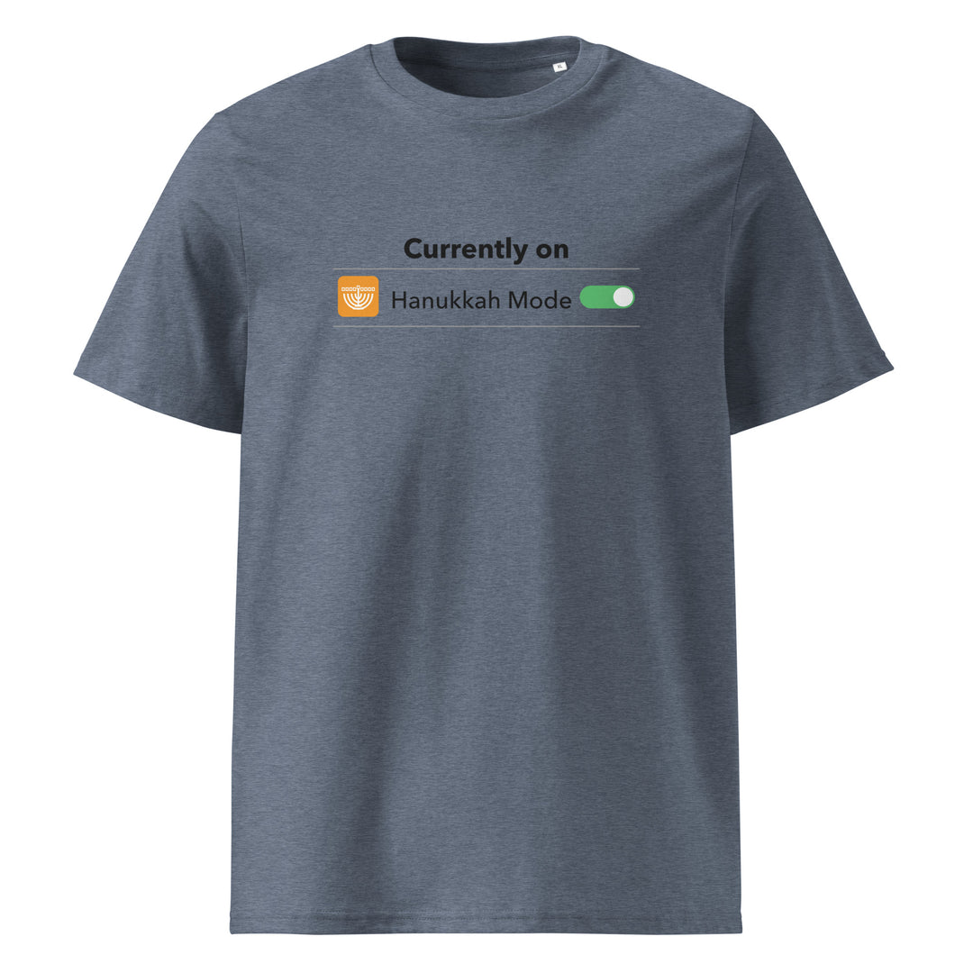 Hanukkah Mode Jewish pride t-shirt in Dark Heather Blue - flat lay