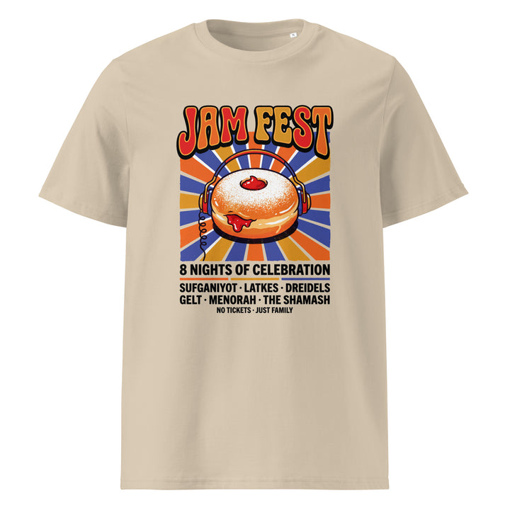 Jam Fest 8 Nights Jewish pride t-shirt in Desert Dust - lifestyle shot