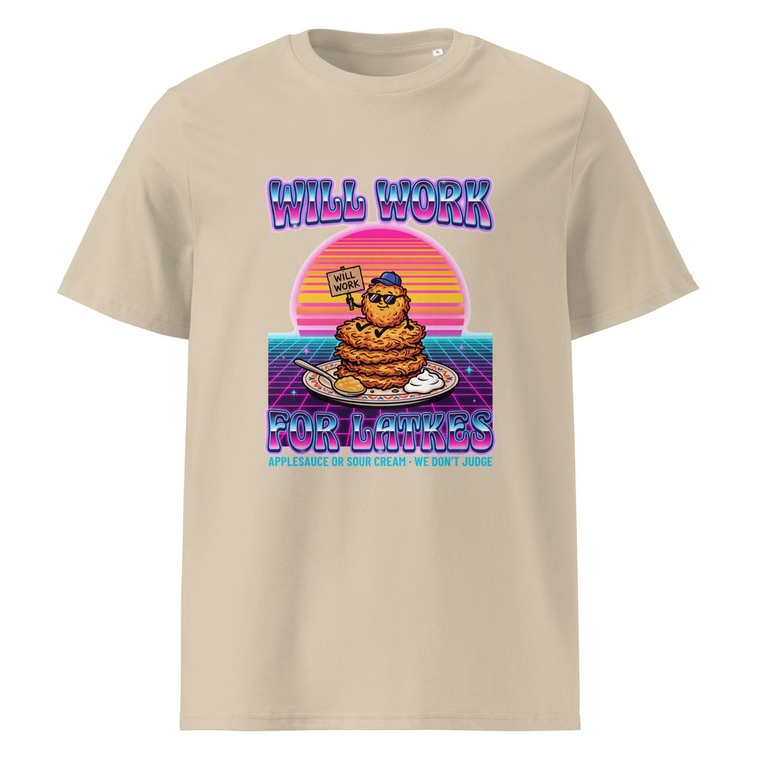 Will Work for Latkes 80s Jewish pride t-shirt in Desert Dust - back view