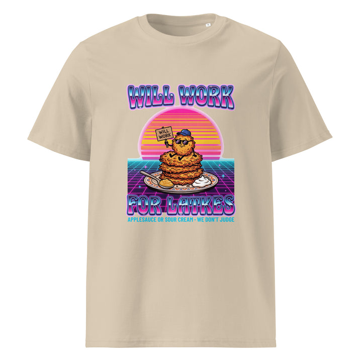 Will Work for Latkes 80s Jewish pride t-shirt in Desert Dust - back view