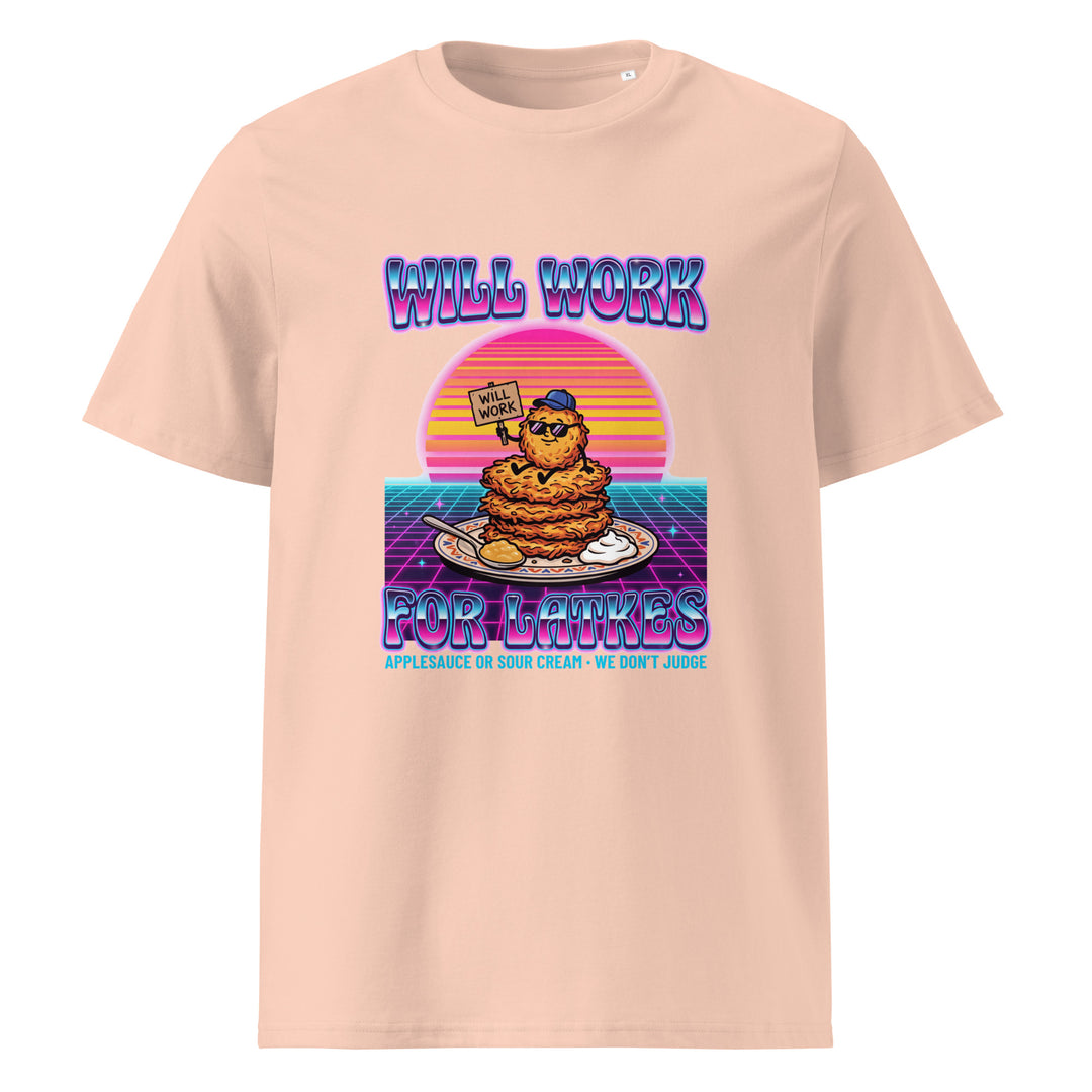 Will Work for Latkes 80s Jewish pride t-shirt in Fraiche Peche - detail view