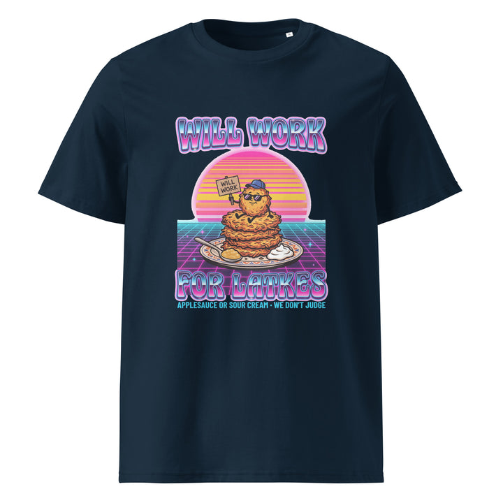 Will Work for Latkes 80s Jewish pride t-shirt in French Navy - front view