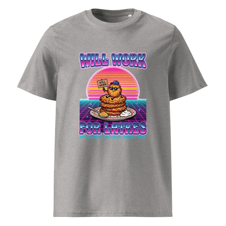 Will Work for Latkes 80s Jewish pride t-shirt in Heather Grey - front view