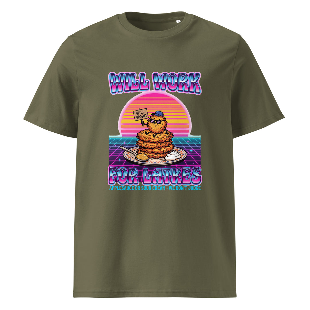 Will Work for Latkes 80s Jewish pride t-shirt in Khaki - side view
