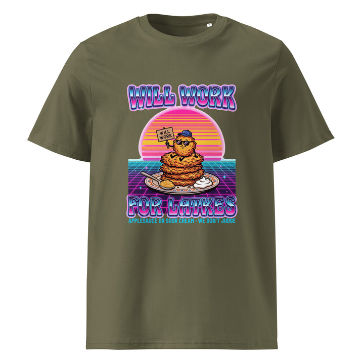Will Work for Latkes 80s Jewish pride t-shirt in Khaki - side view