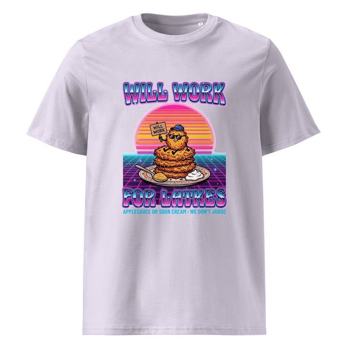 Will Work for Latkes 80s Jewish pride t-shirt in Lavender - flat lay