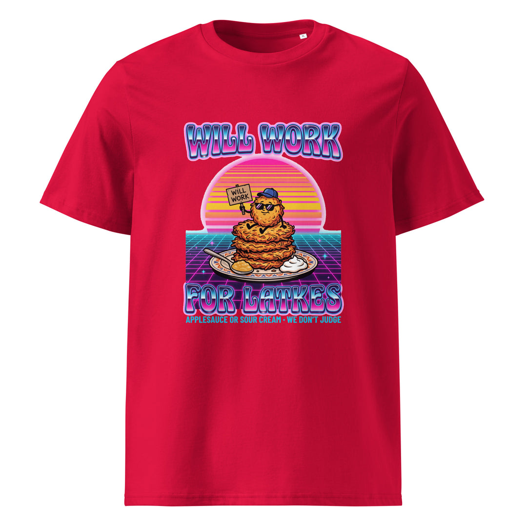 Will Work for Latkes 80s Jewish pride t-shirt in Red - flat lay