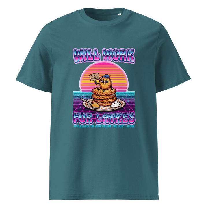 Will Work for Latkes 80s Jewish pride t-shirt in Stargazer - lifestyle shot