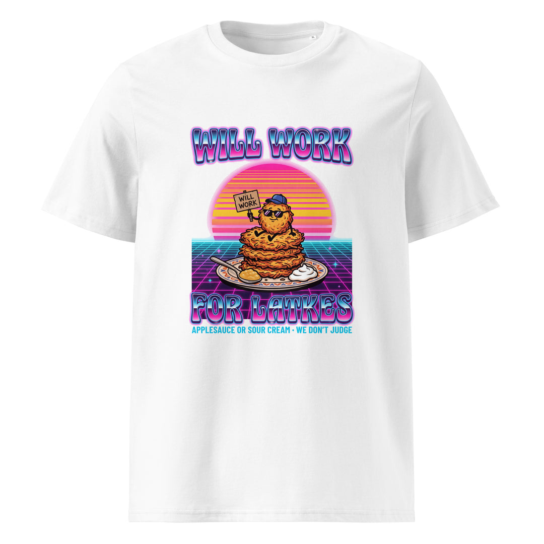 Will Work for Latkes 80s Jewish pride t-shirt in White - lifestyle shot