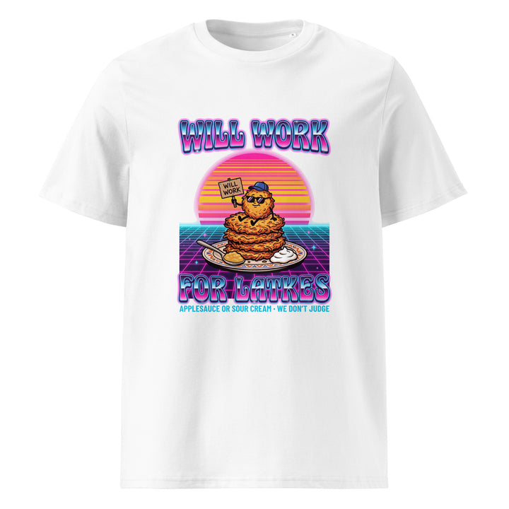 Will Work for Latkes 80s Jewish pride t-shirt in White - lifestyle shot