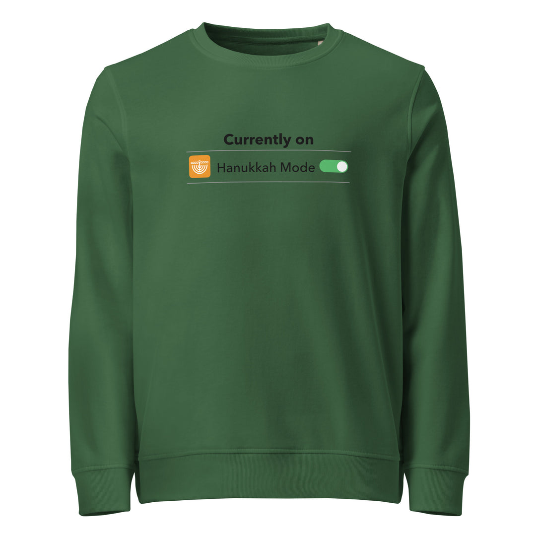 Hanukkah Mode Jewish pride organic sweatshirt in Bottle Green - close-up