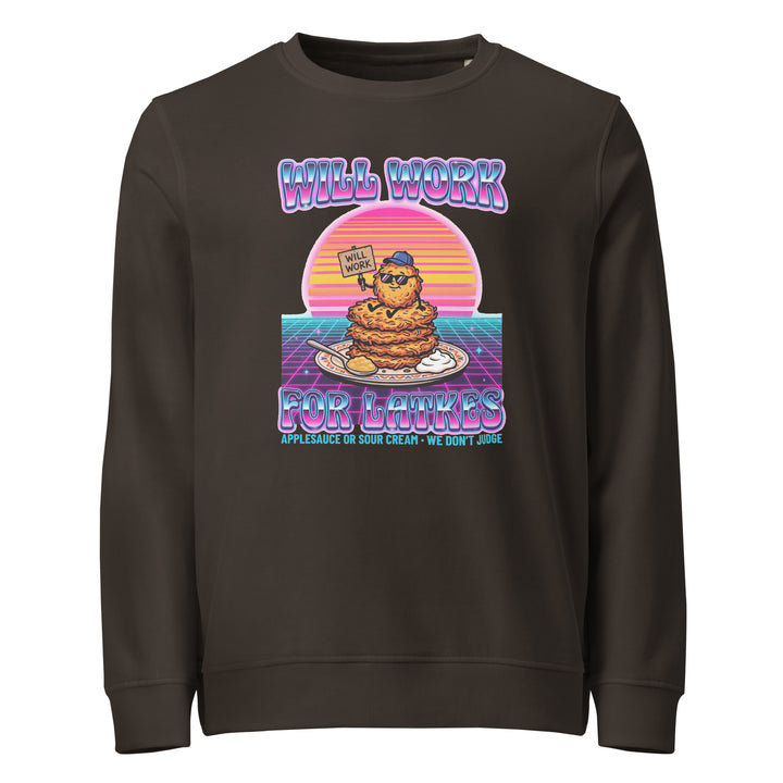 Will Work for Latkes 80s Jewish pride organic sweatshirt in Deep Charcoal Grey - detail view