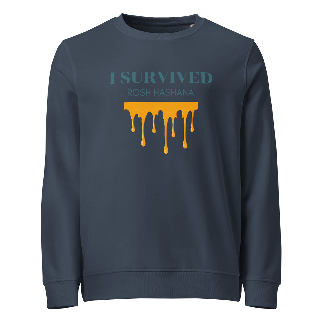 I Survived Rosh HaShana Jewish pride organic sweatshirt in French Navy - close-up