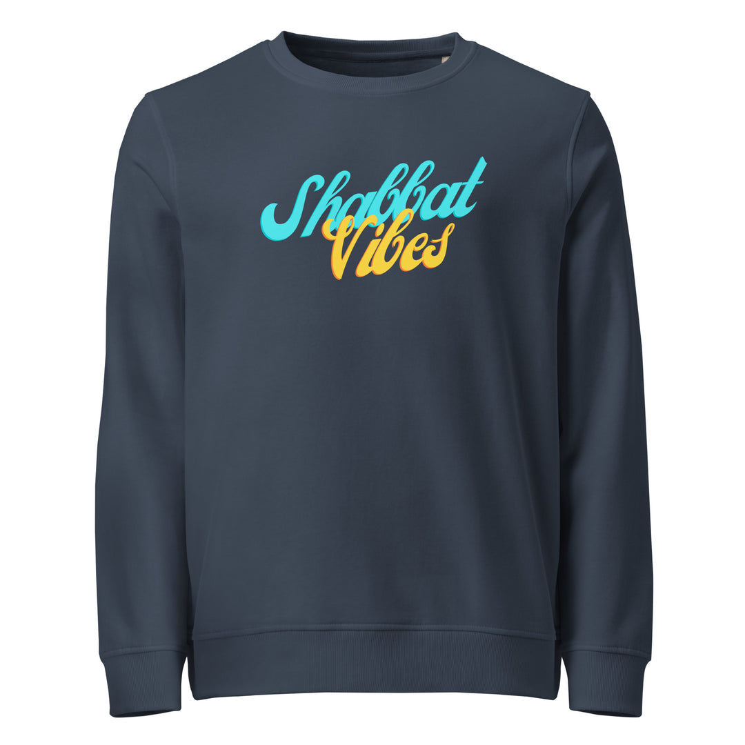Shabbat Vibes Jewish pride organic sweatshirt in French Navy - close-up