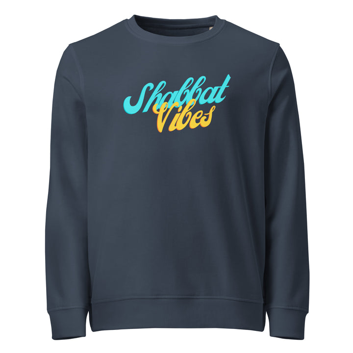 Shabbat Vibes Jewish pride organic sweatshirt in French Navy - close-up