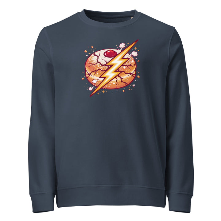 Sufganiyah Lightning Jewish pride organic sweatshirt in French Navy - close-up