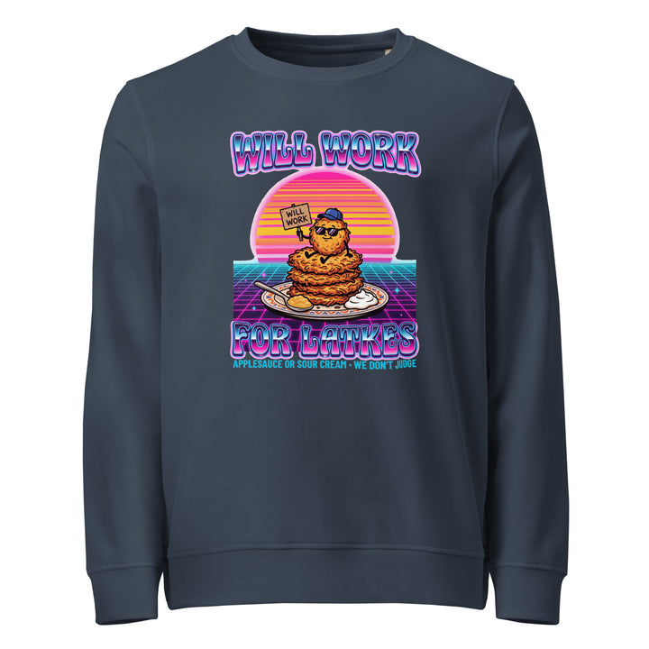 Will Work for Latkes 80s Jewish pride organic sweatshirt in French Navy - close-up