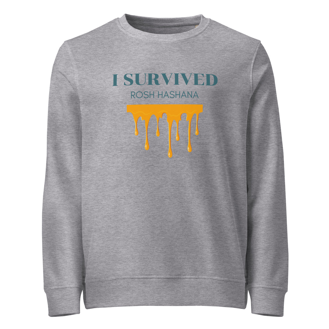 I Survived Rosh HaShana Jewish pride organic sweatshirt in Grey Melange - lifestyle shot
