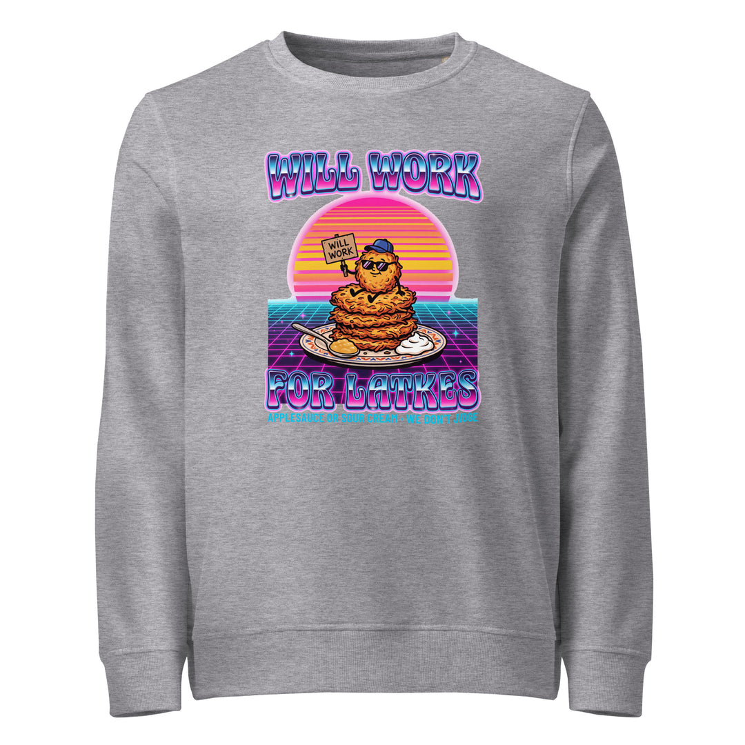 Will Work for Latkes 80s Jewish pride organic sweatshirt in Grey Melange - side view