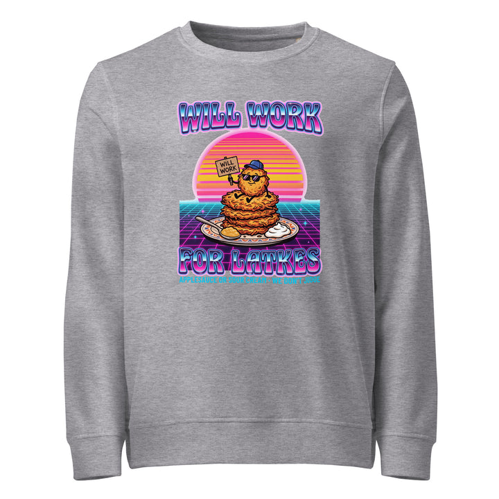 Will Work for Latkes 80s Jewish pride organic sweatshirt in Grey Melange - side view
