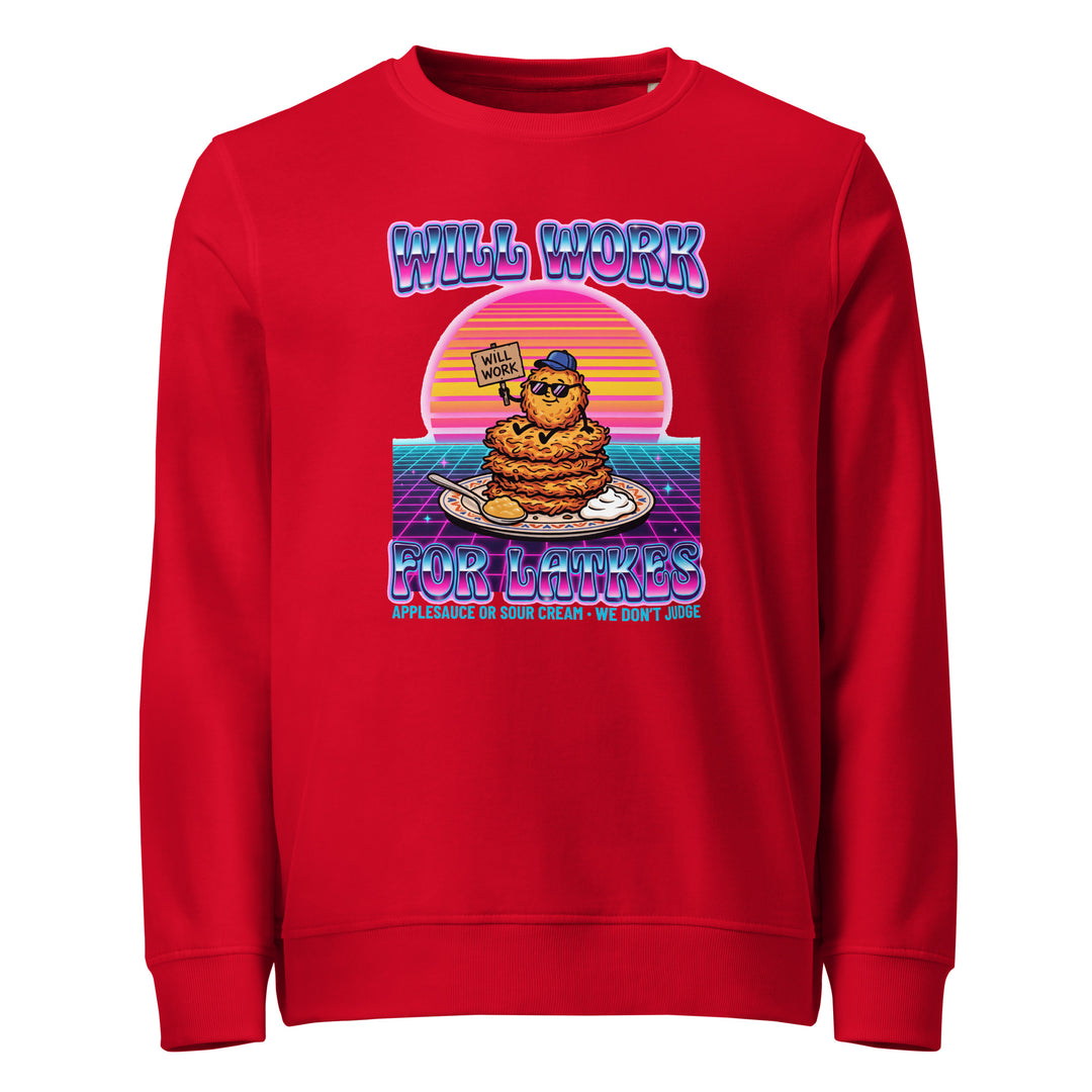 Will Work for Latkes 80s Jewish pride organic sweatshirt in Red - back view