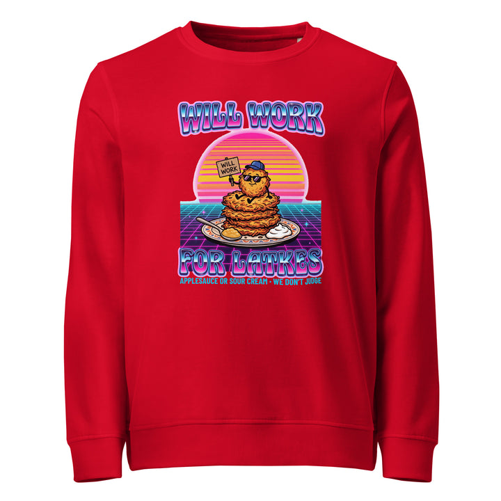 Will Work for Latkes 80s Jewish pride organic sweatshirt in Red - back view