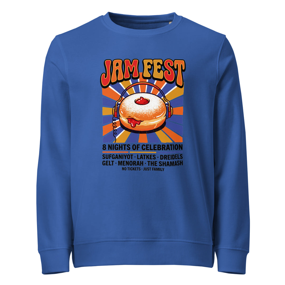 Jam Fest 8 Nights Jewish pride organic sweatshirt in Royal Blue - front view