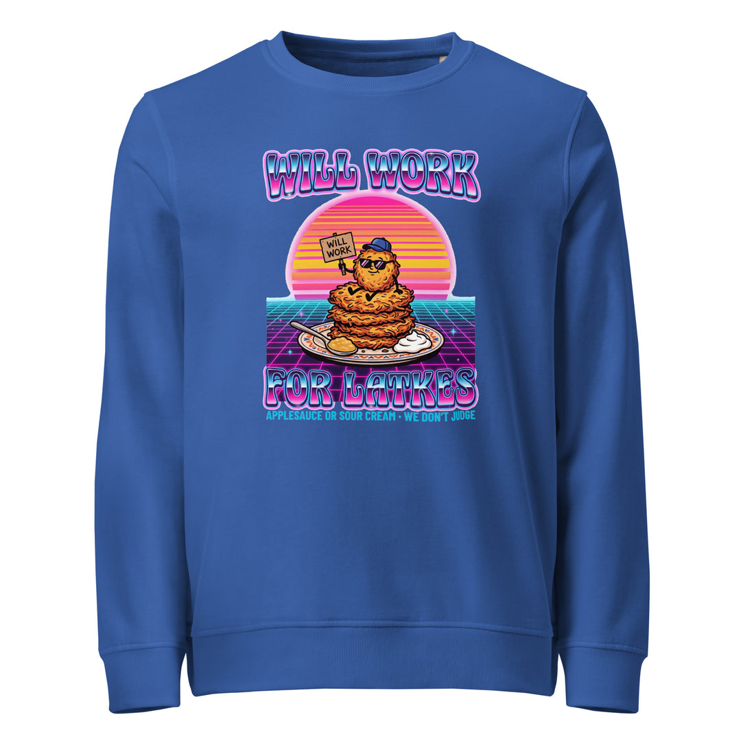 Will Work for Latkes 80s Jewish pride organic sweatshirt in Royal Blue - lifestyle shot