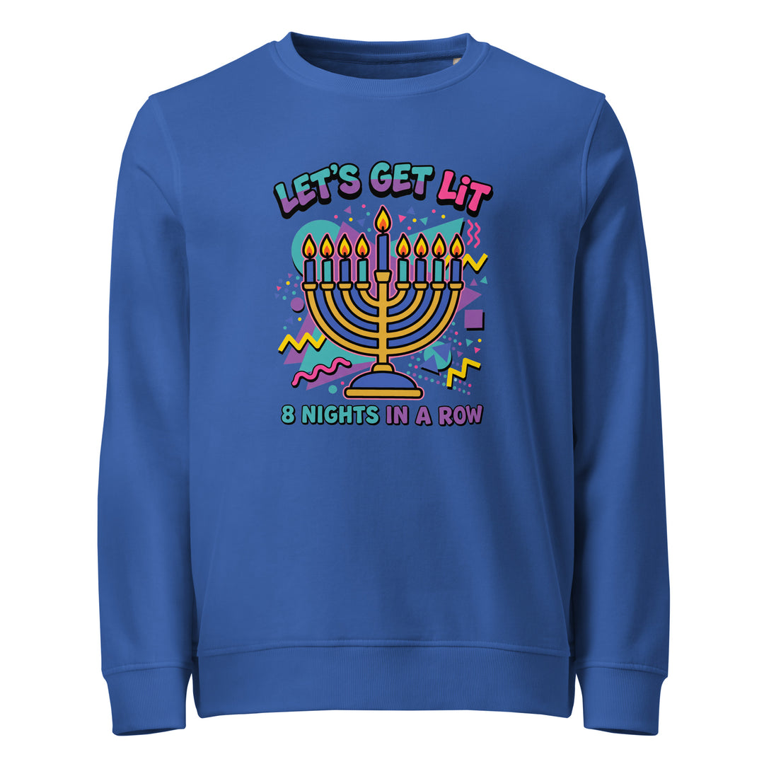 Lets Get Lit 90s Jewish pride organic sweatshirt in Royal Blue - detail view