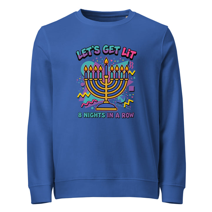 Lets Get Lit 90s Jewish pride organic sweatshirt in Royal Blue - detail view