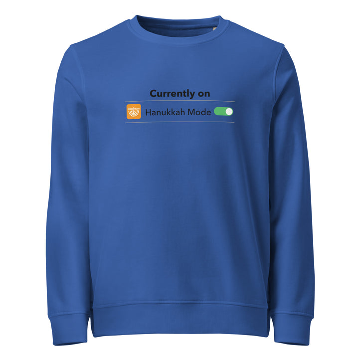 Hanukkah Mode Jewish pride organic sweatshirt in Royal Blue - flat lay