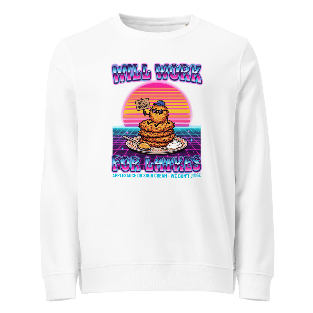 Will Work for Latkes 80s Jewish pride organic sweatshirt in White - folded view