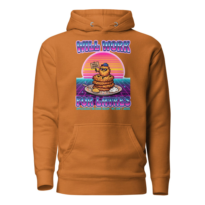 Will Work for Latkes 80s Jewish pride hoodie in Adobe - folded view