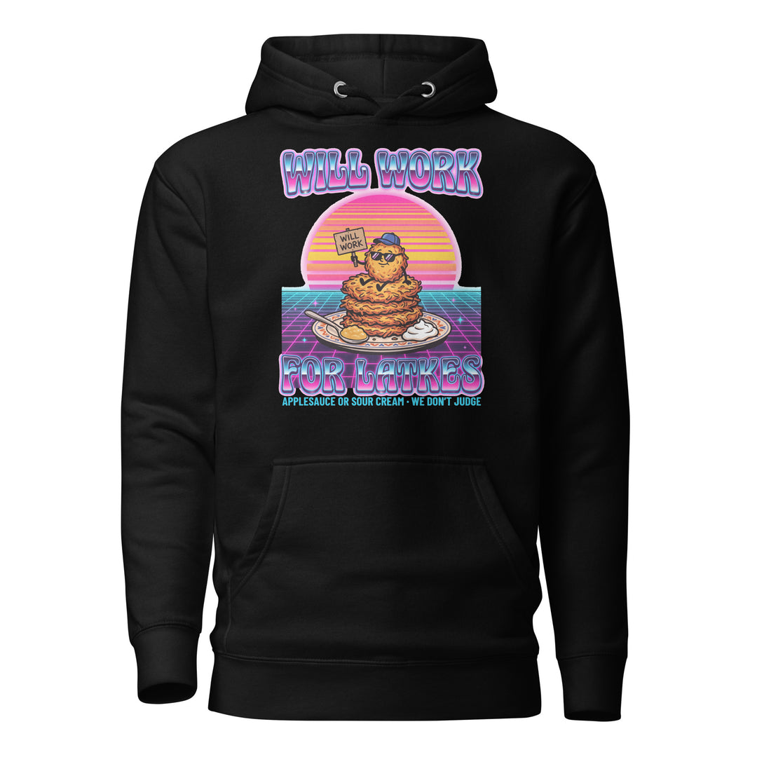 Will Work for Latkes 80s Jewish pride hoodie in Black - front view