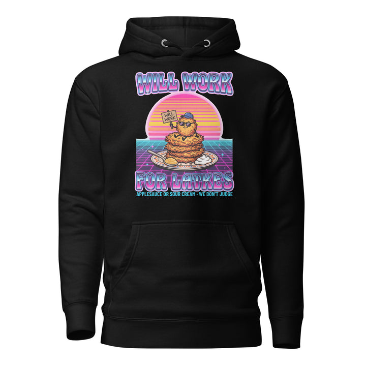 Will Work for Latkes 80s Jewish pride hoodie in Black - front view
