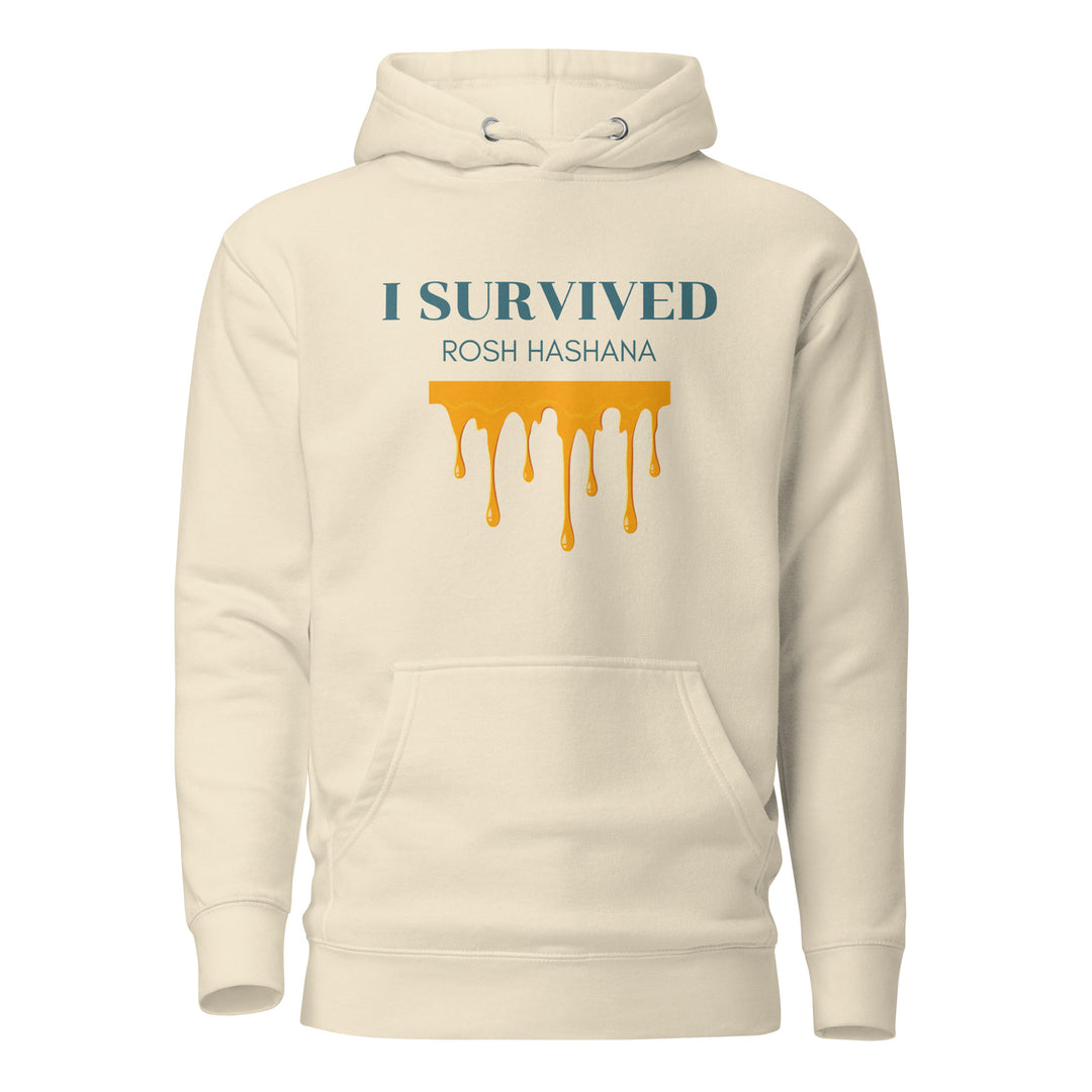 I Survived Rosh HaShana Jewish pride hoodie in Bone - close-up