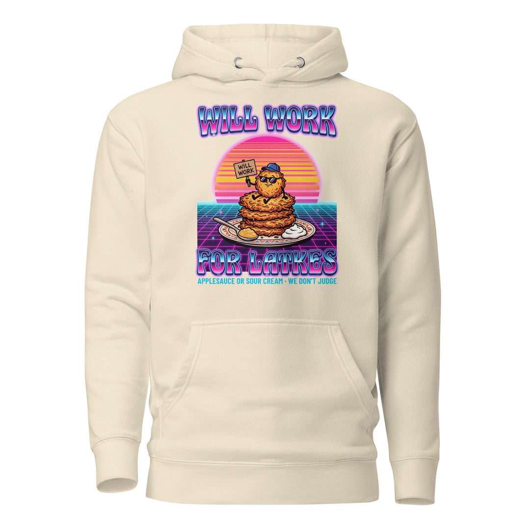 Will Work for Latkes 80s Jewish pride hoodie in Bone - lifestyle shot