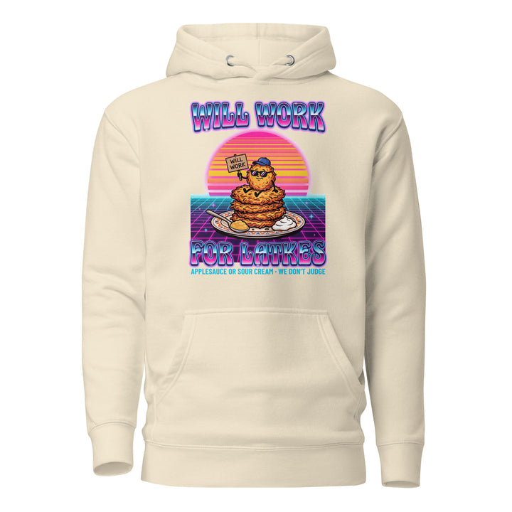 Will Work for Latkes 80s Jewish pride hoodie in Bone - lifestyle shot