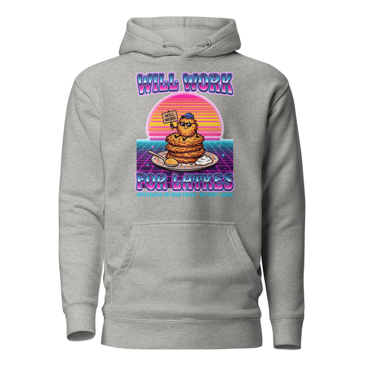 Will Work for Latkes 80s Jewish pride hoodie in Carbon Grey - detail view