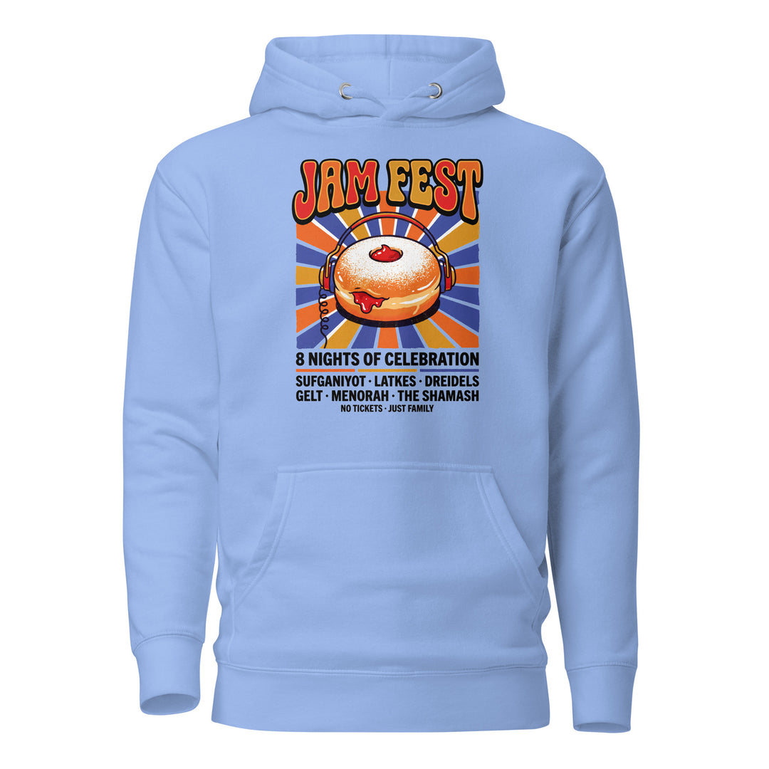 Jam Fest 8 Nights Jewish pride hoodie in Carolina Blue - folded view