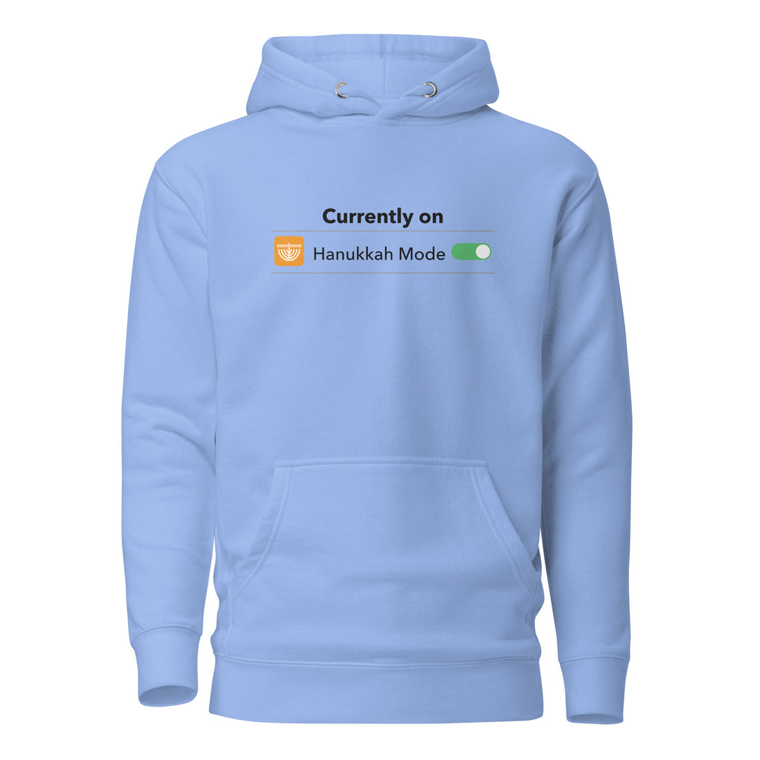 Hanukkah Mode Jewish pride hoodie in Carolina Blue - back view