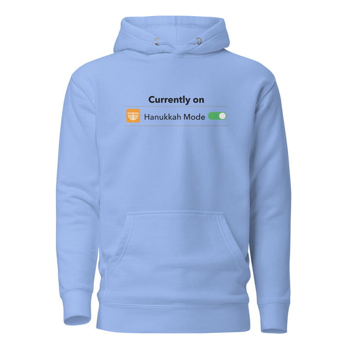Hanukkah Mode Jewish pride hoodie in Carolina Blue - back view