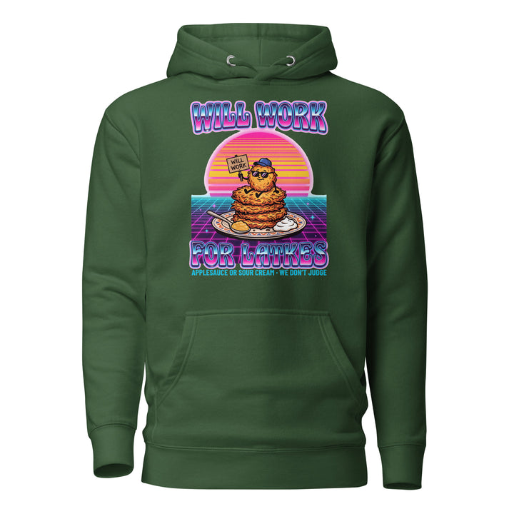 Will Work for Latkes 80s Jewish pride hoodie in Forest Green - flat lay