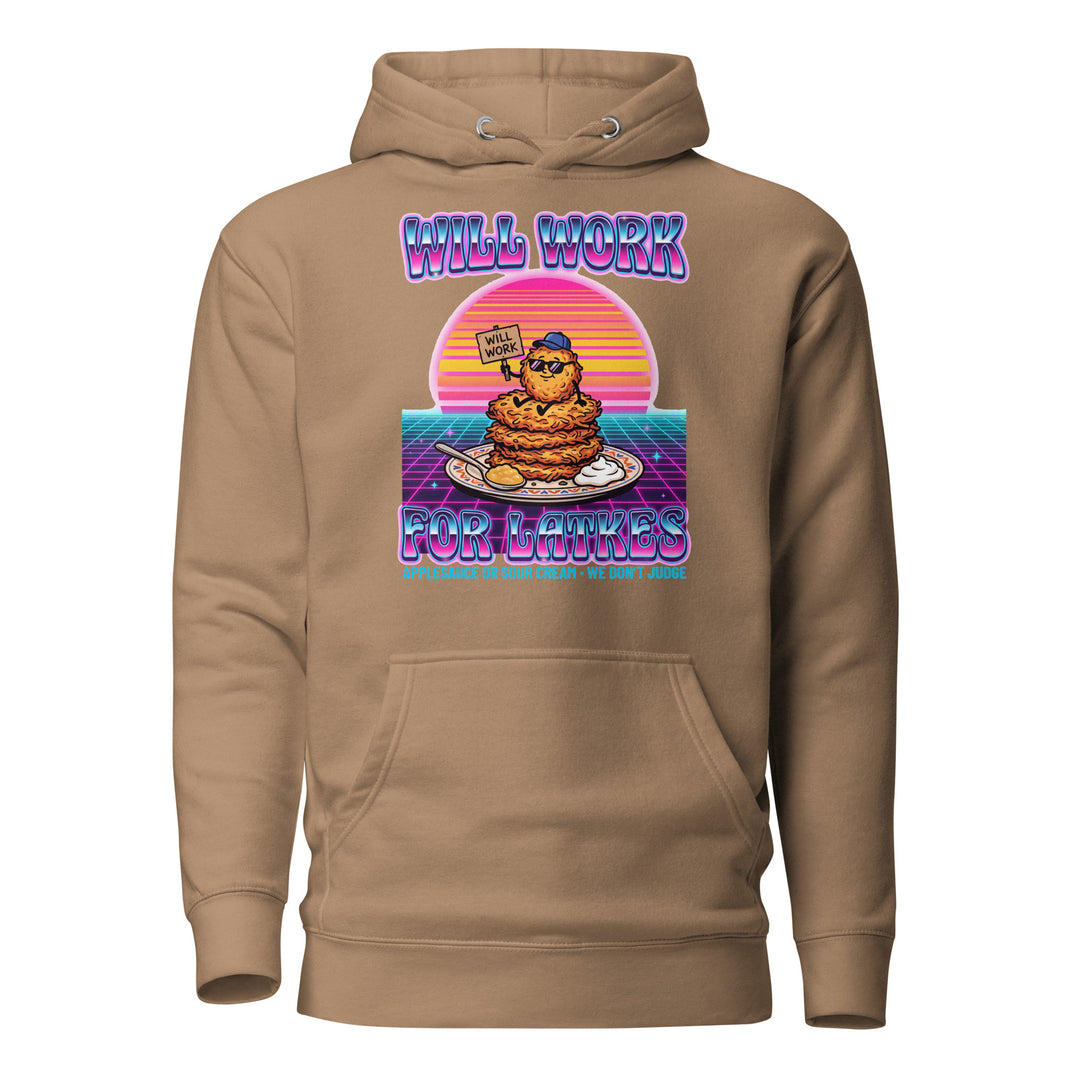Will Work for Latkes 80s Jewish pride hoodie in Latte - back view