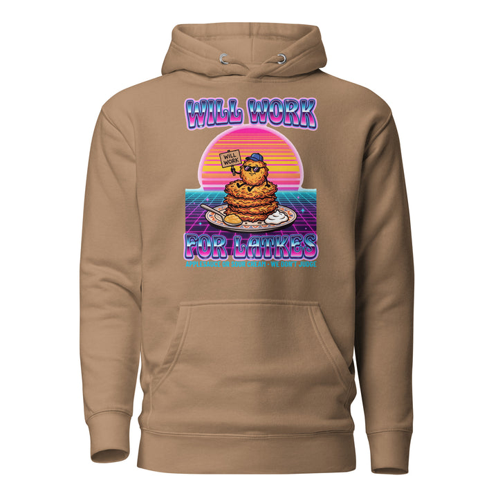 Will Work for Latkes 80s Jewish pride hoodie in Latte - back view