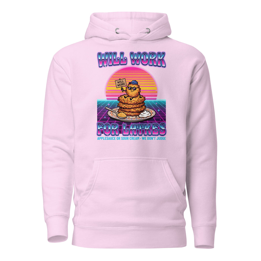 Will Work for Latkes 80s Jewish pride hoodie in Lavender - flat lay